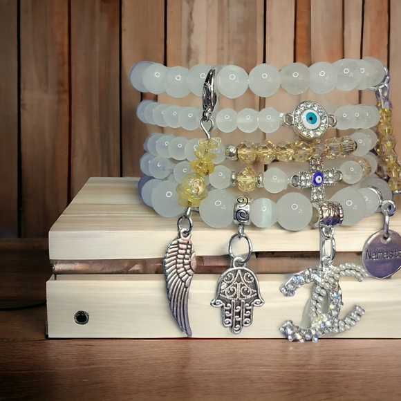 White CC Crystal Namaste Charmed bracelets Set - Picture 4 of 7